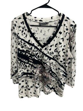 Fashque Large Black White Abstract Floral V-Neck Long Sleeve Top Boho Minimalist